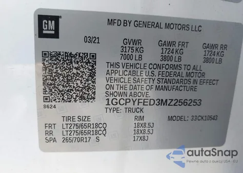 2021 Chevrolet Silverado 1500 4Wd Short Bed Lt Trail Boss из США, поврежденный, VIN 1GCPYFED3MZ256253